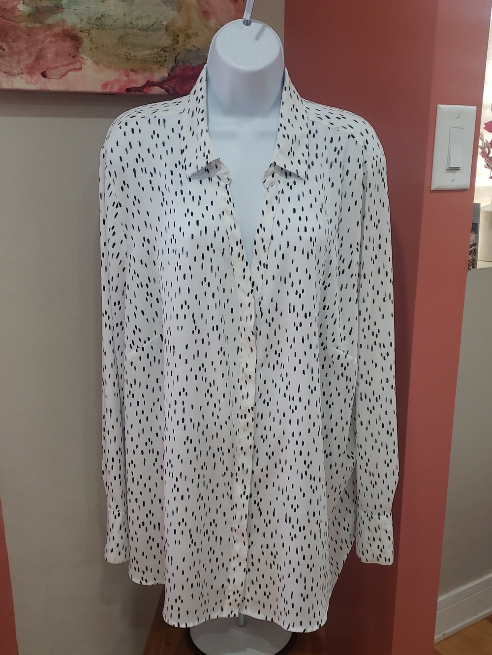 Worthington Woman White Button-Up Shirt with Black Dot Print, 3X